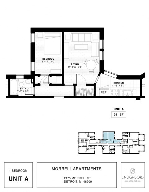 Floor plan for 1 bed, 1 bath, 648 sqft